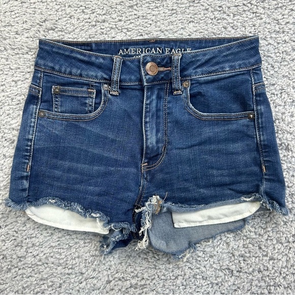 American Eagle Shorts Womens 2 Hi Rise Shortie Super Stretch Dark Wash Raw Hem - Picture 1 of 4